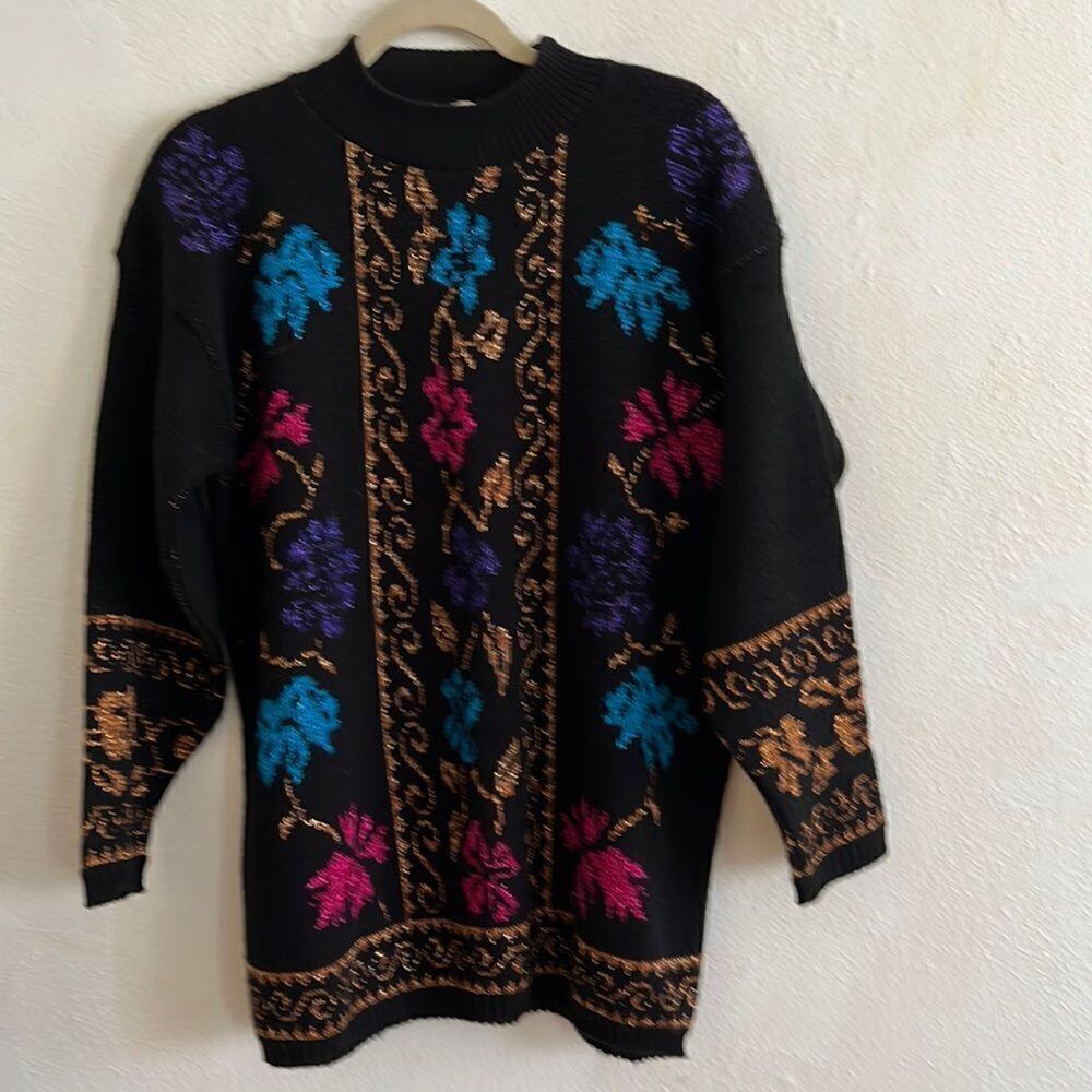 Vintage USA Black Holiday Sweater With Pink, Blue and Gold Floral Pattern Size L